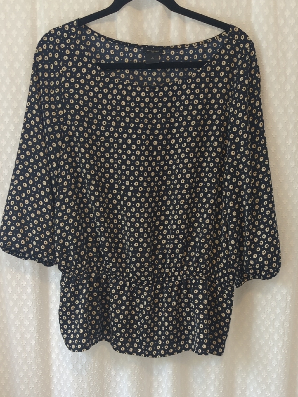 Ann Taylor Black With Cream Dots, 3/4 Sleeve Peplum Top Women's Large